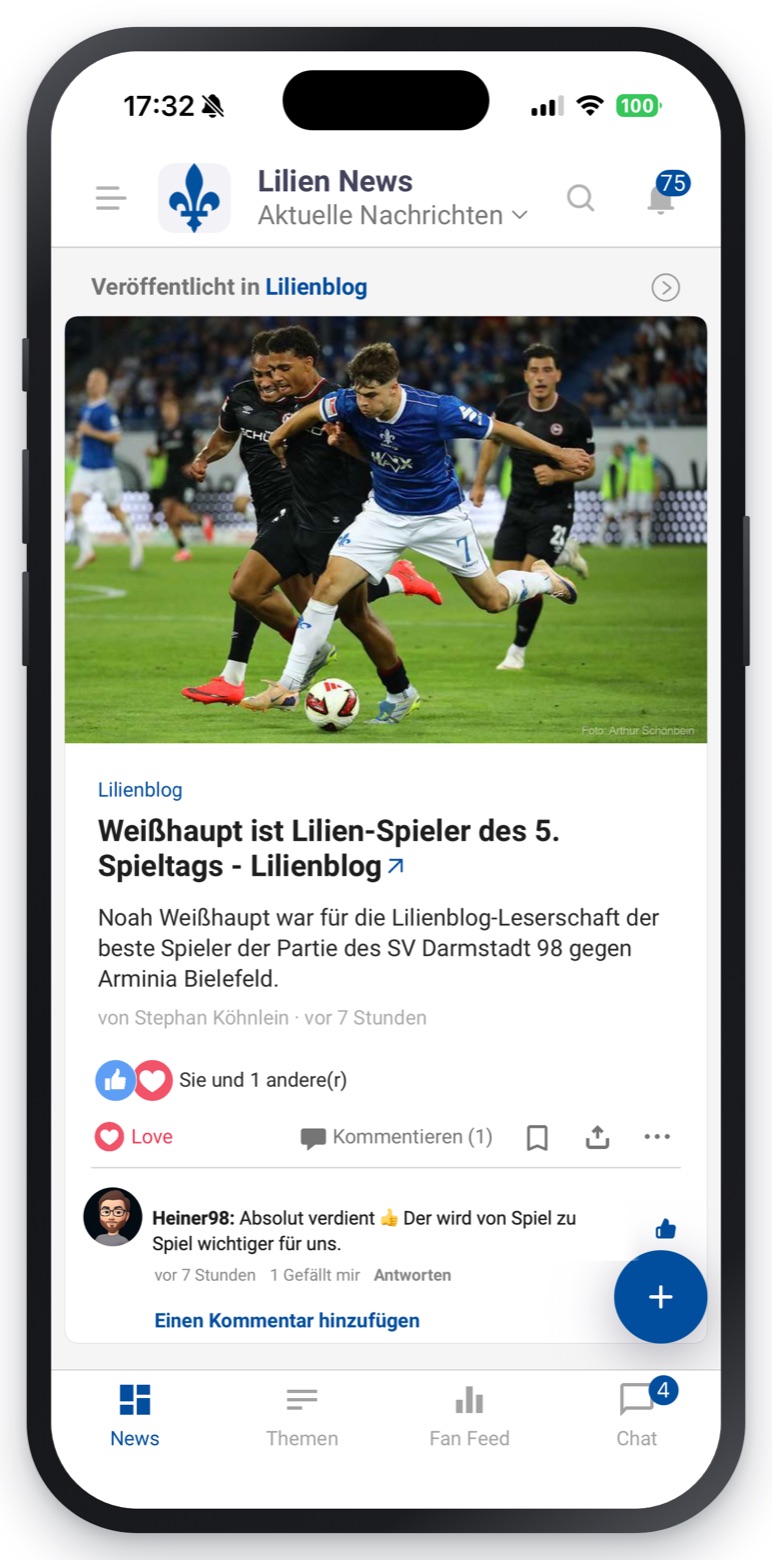 Lilien News im Browser und auf dem iPhone: derselbe Beitrag aus dem Lilienblog mit Spielfoto, darunter ein Kommentar aus der Community.